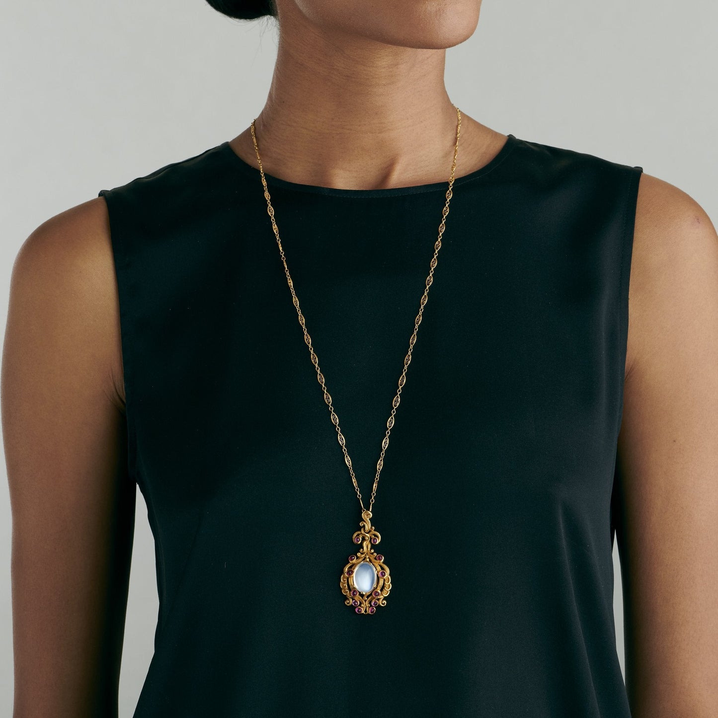 Moonstone and Ruby Gold Pendant Necklace