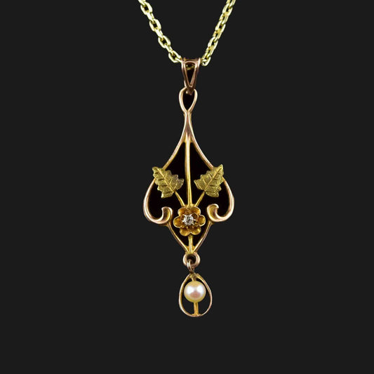 10K Gold Leaf Diamond Pearl Lavalier Pendant Necklace