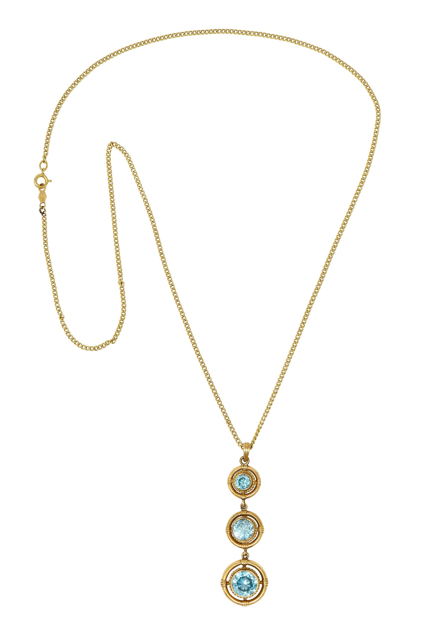 1930's Art Deco Blue Zircon 10 Karat Gold Drop Pendant Necklace