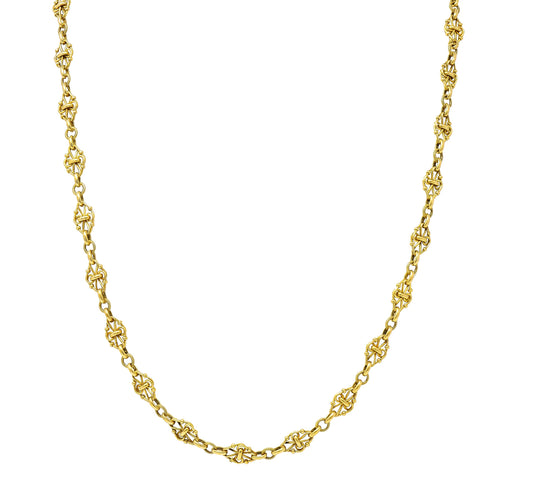 1800's Victorian 18 Karat Yellow Gold 35 1/2 Inch Long Quatrefoil Antique Chain Necklace