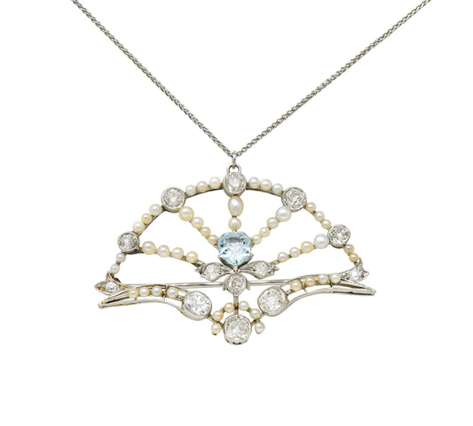 1910 Frank Walter Lawrence Pearl Diamond Platinum Fanned Pendant Brooch Necklace