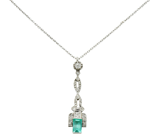1920's Art Deco 1.35 CTW Emerald Diamond Platinum Pendant Necklace