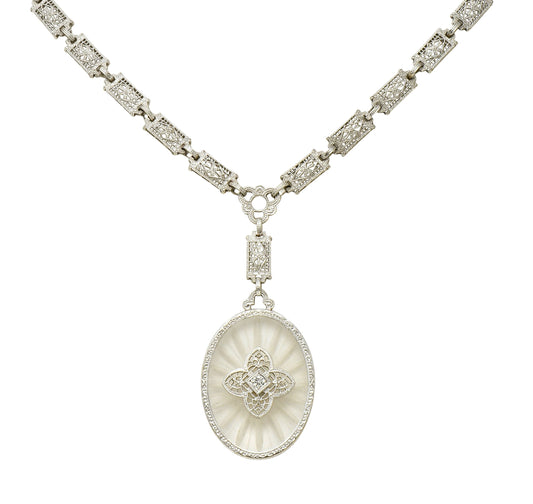 1920's Art Deco Diamond Camphor Glass Platinum Oval Drop Necklace
