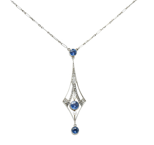 1920's Art Deco Pearl 1.00 CTW Sapphire Diamond Platinum Navette Necklace