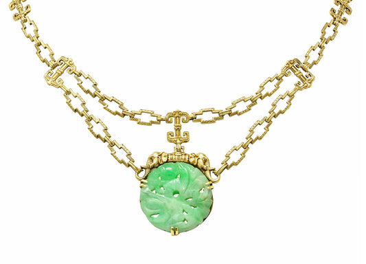 1920's Art Deco Carved Jade 14 Karat Gold Swag Necklace