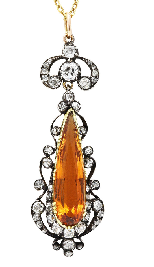 1880's Victorian Citrine Diamond Silver 18 Karat Yellow Gold Scrolled Pendant Necklace