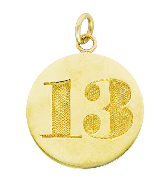 14 Karat Yellow Gold Lucky Thirteen 13 Vintage Medallion Charm Pendant