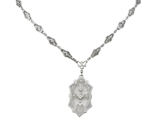 1920's Art Deco Camphor Glass Diamond 14 Karat White Gold Drop Necklace