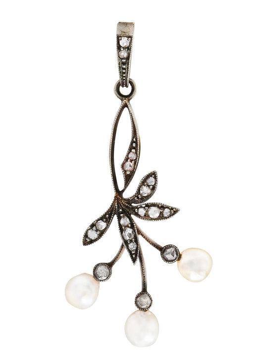 1860's Victorian Diamond Pearl Silver-Topped 18 Karat Gold Berry & Foliate Pendant