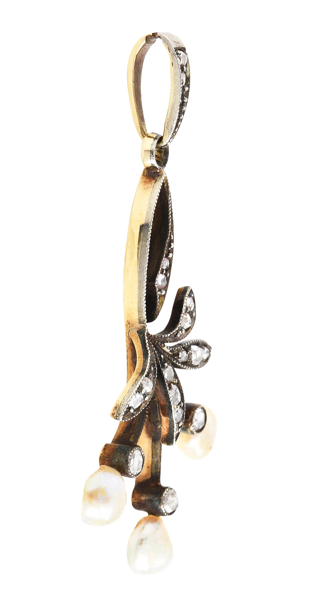 1860's Victorian Diamond Pearl Silver-Topped 18 Karat Gold Berry & Foliate Pendant