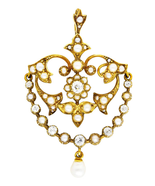1890's Victorian Pearl Diamond 15 Karat Yellow Gold Floral & Foliate Pendant