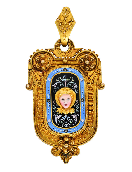 1870's Baroque Enamel Diamond 14 Karat Gold Mourning Locket Pendant