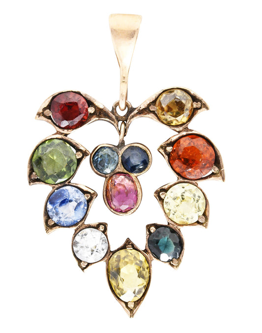 1860's Victorian Fancy Sapphire Zircon Garnet 14 Karat Yellow Gold Antique Floral Leaf Pendant