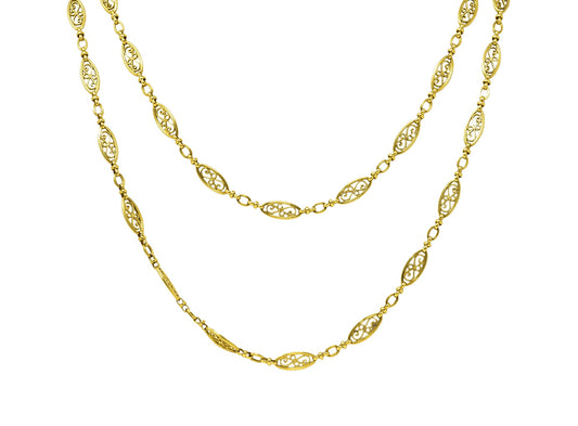 1840's French Victorian 18 Karat Yellow Gold Filigree 61 Inch Long Antique Chain Necklace