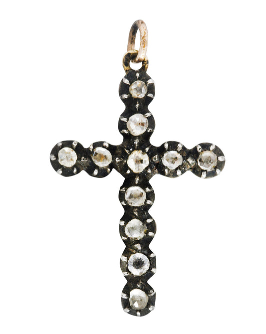 1850's Georgian Rose Cut Diamond Silver-Topped 14 Karat Gold Cross Charm Pendant