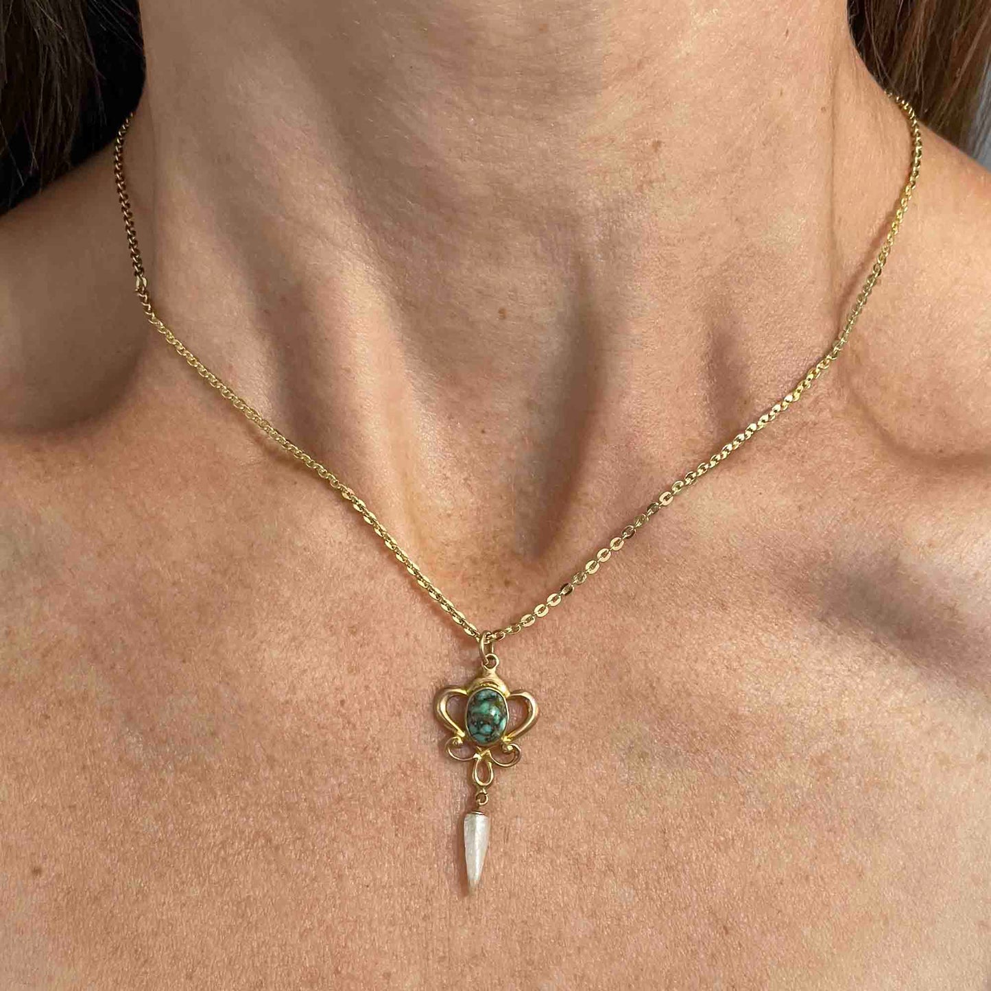 10K Gold Turquoise Pearl Art Nouveau Lavaliere Necklace