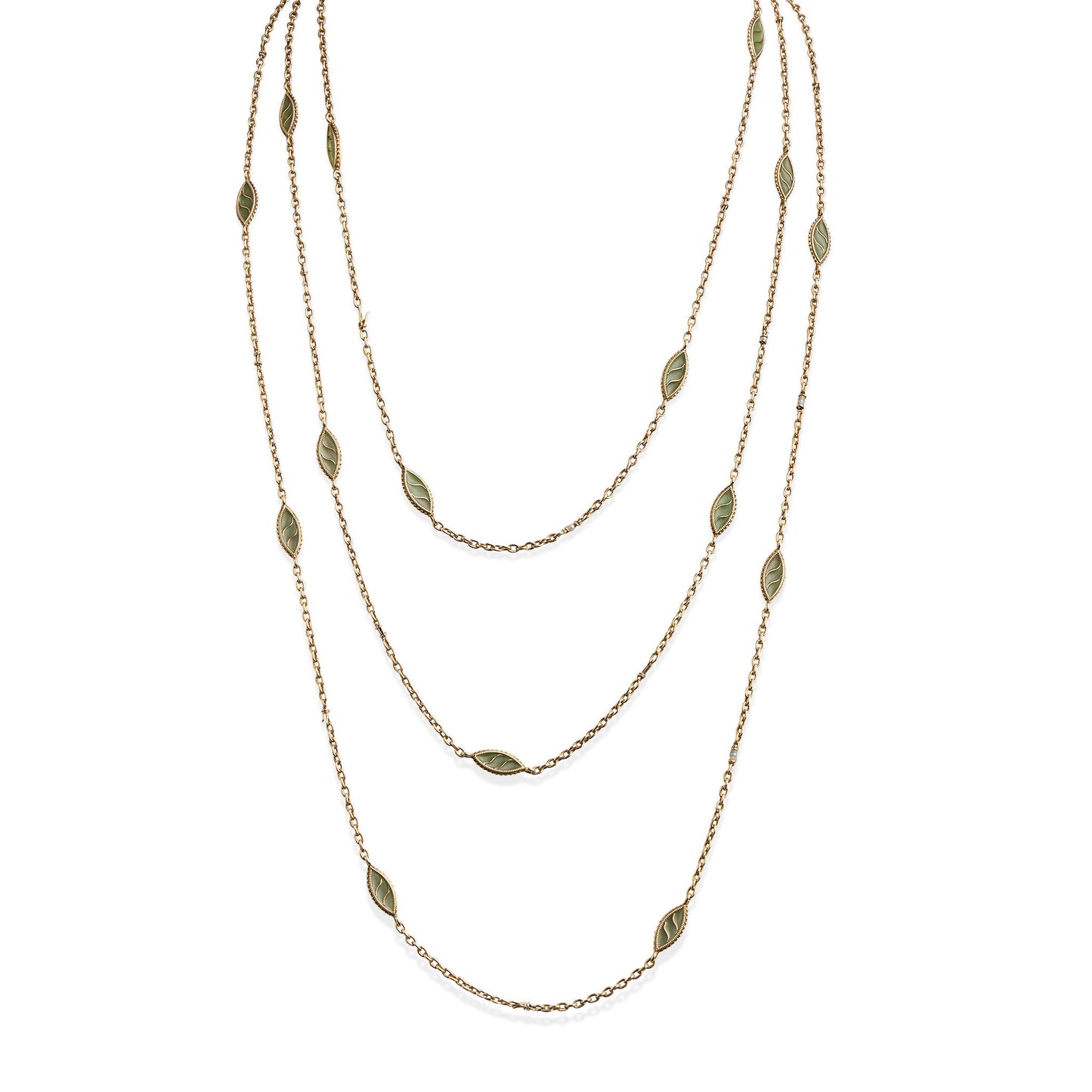 French Art Nouveau 18K Gold and Plique-¨¤-jour Enamel Longchain Necklace