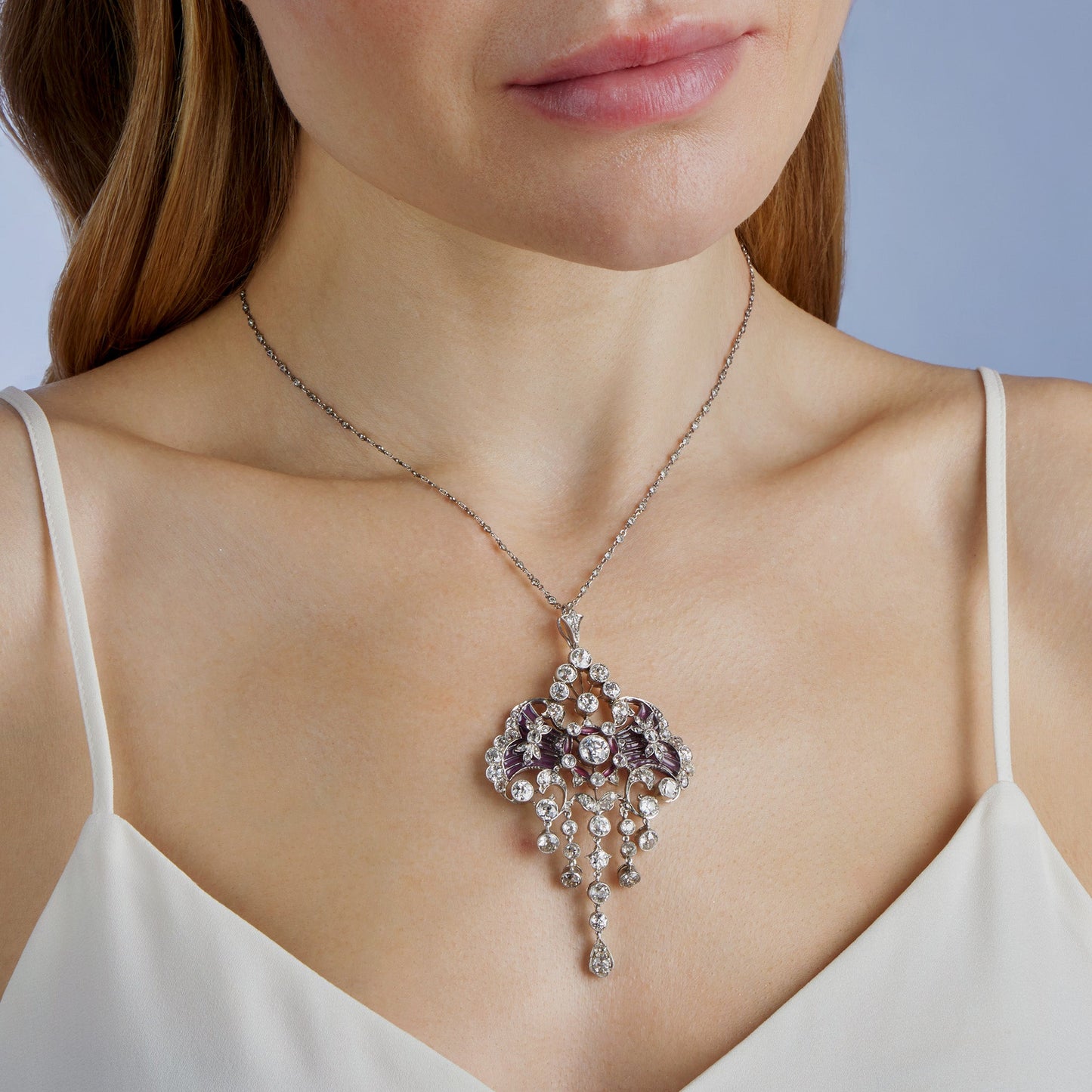 Edwardian Diamond and Plique-¨¤-jour Enamel Pendant Necklace