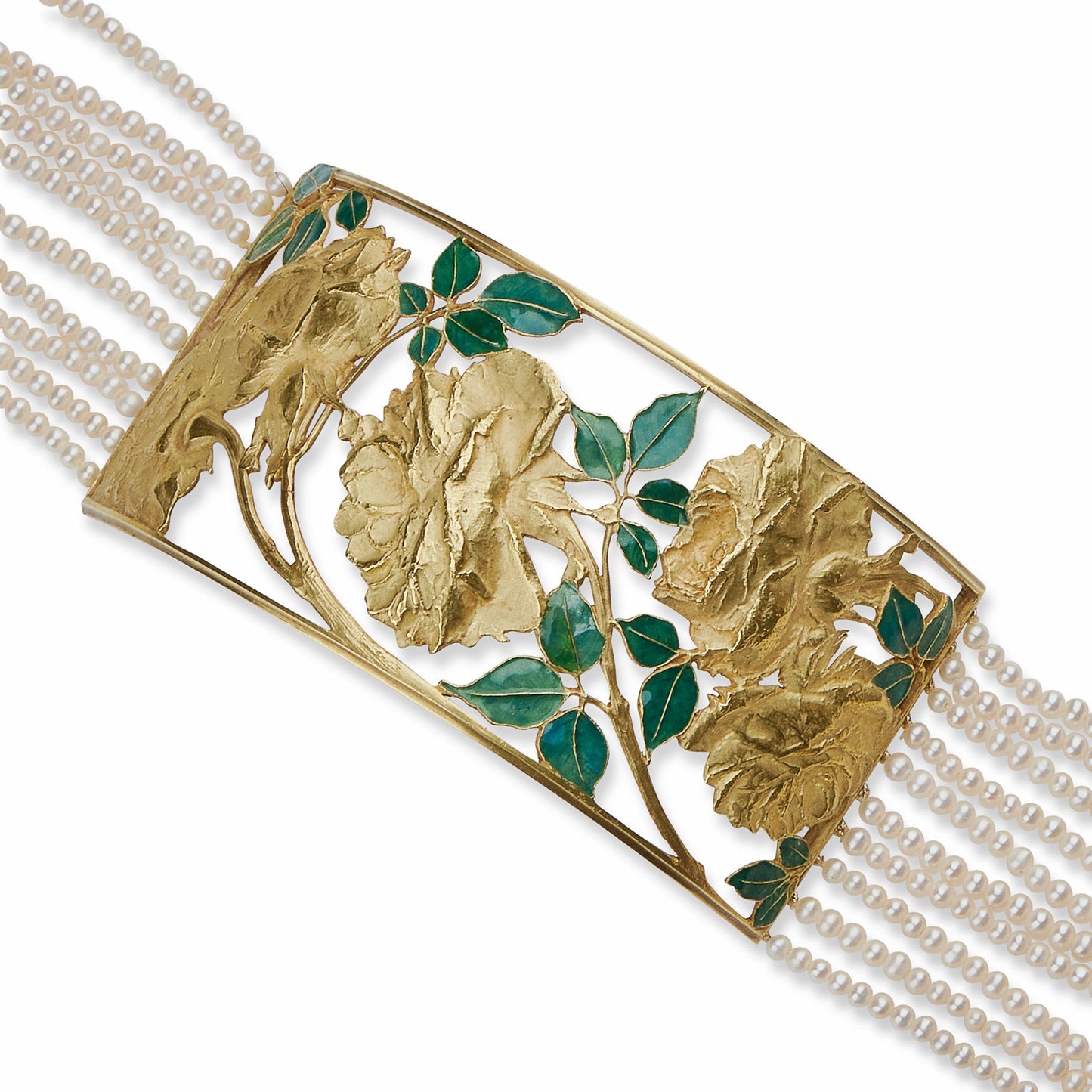 Ren¨¦ Lalique Art Nouveau 18K Gold, Enamel and Seed Pearl Collier de chien Necklace