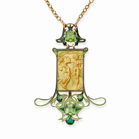 Ren¨¦ Lalique 18K Gold Peridot and Enamel Dancing Figures Pendant Necklace