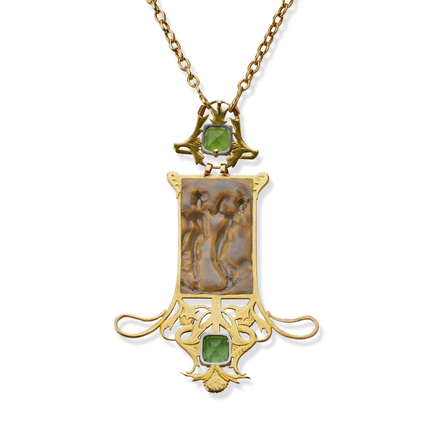 Ren¨¦ Lalique 18K Gold Peridot and Enamel Dancing Figures Pendant Necklace