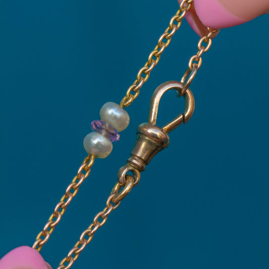 18 Antique Gold Pearl Amethyst Chain, with Dog-Clip