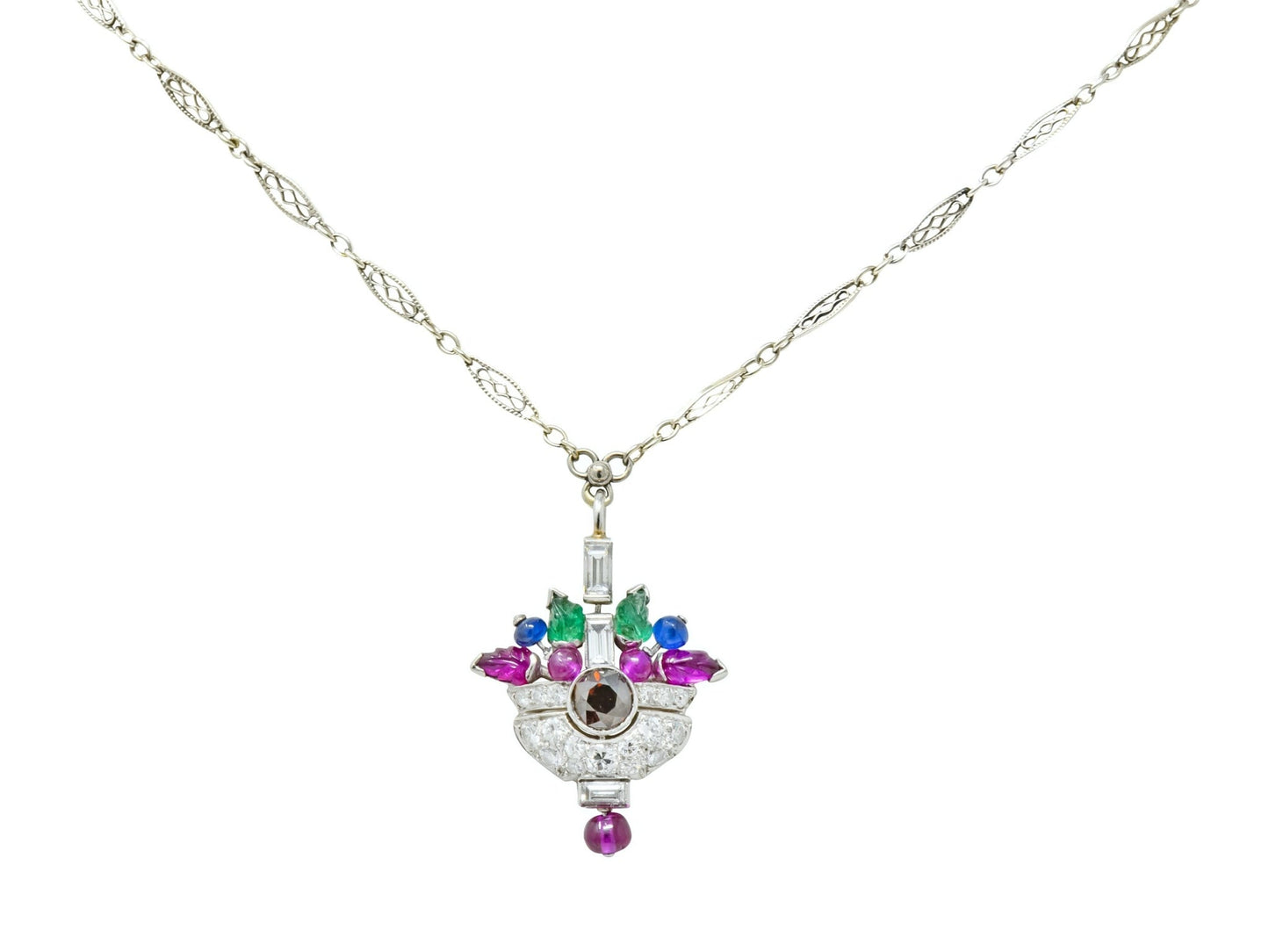 1930's Art Deco 1.20 CTW Diamond Sapphire Emerald Ruby Platinum Tutti Frutti Pendant Necklace