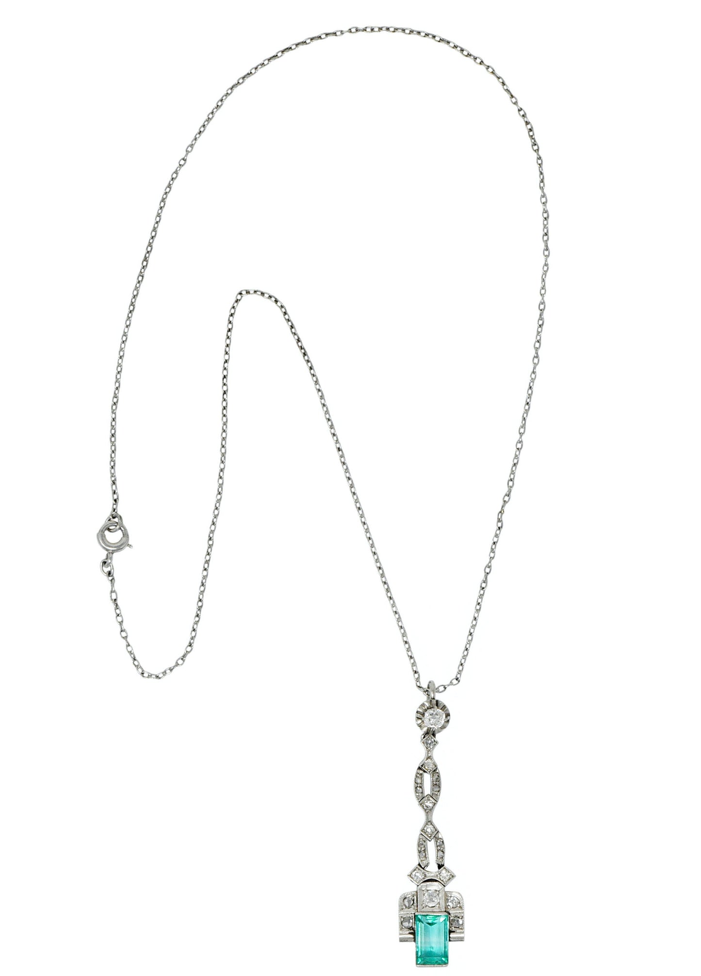 1920's Art Deco 1.35 CTW Emerald Diamond Platinum Pendant Necklace