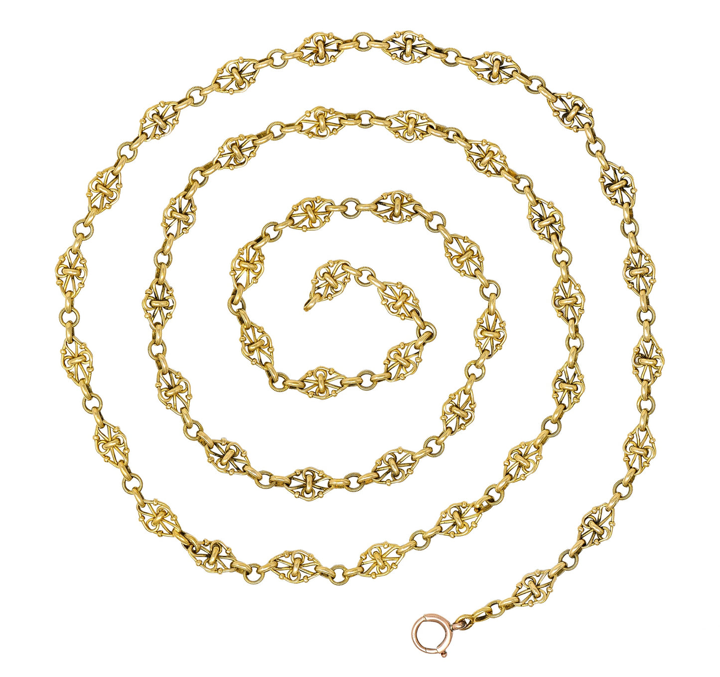 1800's Victorian 18 Karat Yellow Gold 35 1/2 Inch Long Quatrefoil Antique Chain Necklace