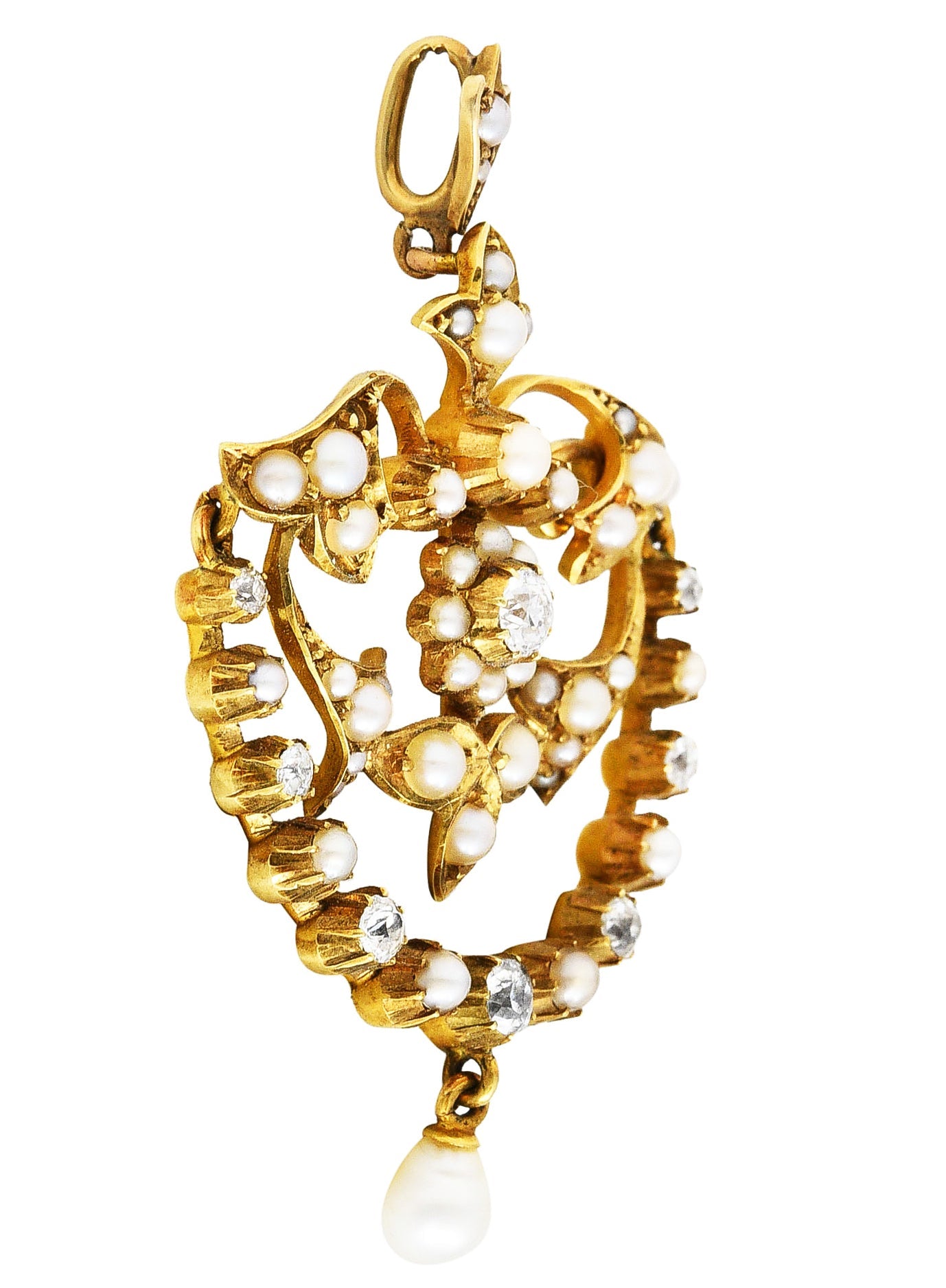 1890's Victorian Pearl Diamond 15 Karat Yellow Gold Floral & Foliate Pendant