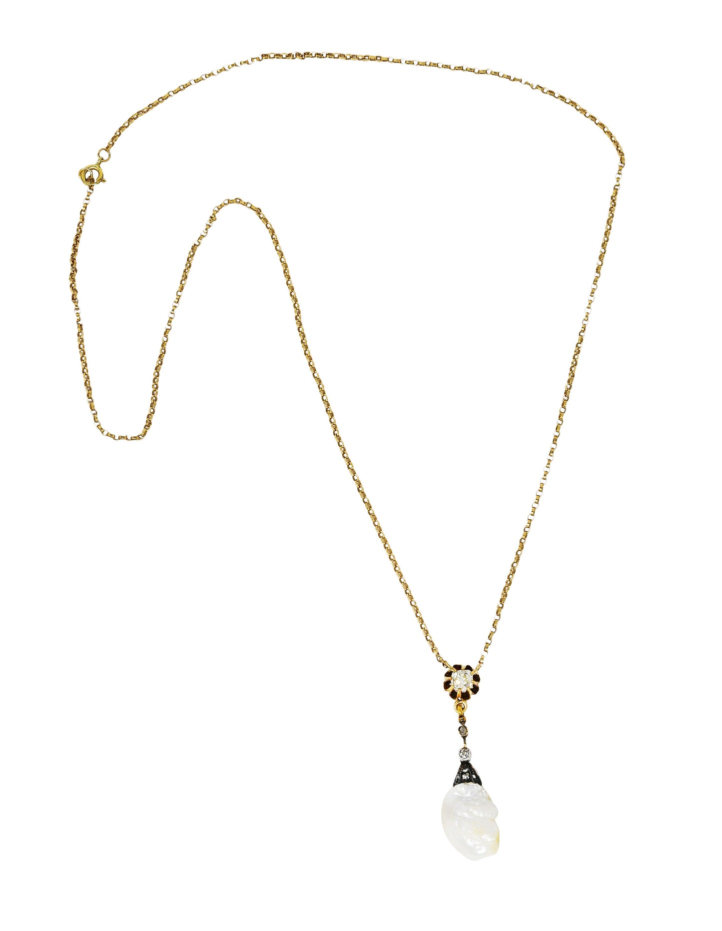 1880's Victorian Baroque Pearl 0.25 CTW Diamond Silver 14 Karat Yellow Gold Drop Necklace