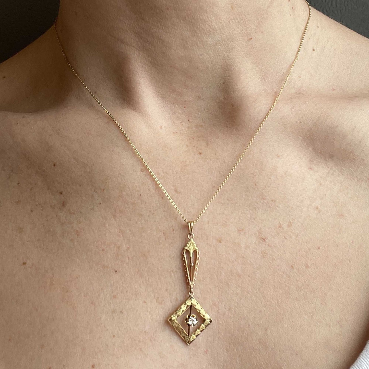 10K Gold Antique Diamond Lavalier Pendant Necklace