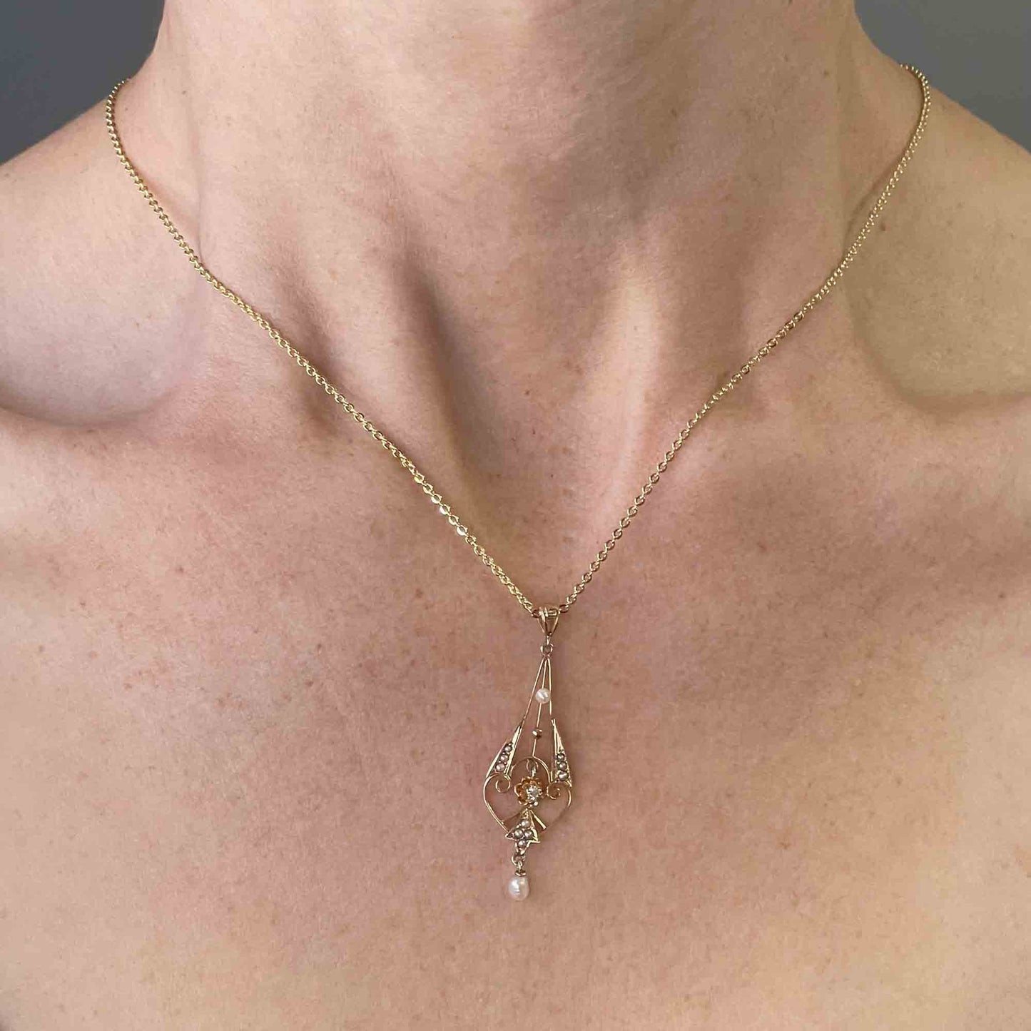 10K Gold Art Nouveau Pearl Diamond Lavalier Necklace